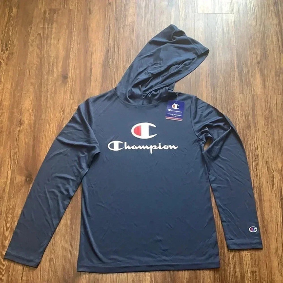 Kids Champion Logo Hoodie Shirt Navy Blue - Picture 1 of 9